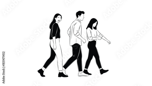 Minimalist black and white line art illustration of three young adult friends or colleagues walking together