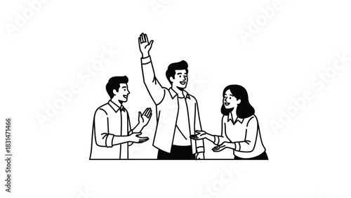 Three diverse business people standing together, one raising hand to ask question or volunteer