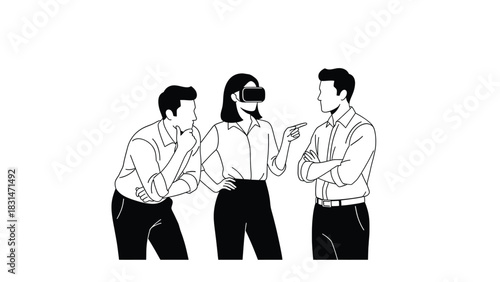 Three business people interacting, one wearing a virtual reality headset