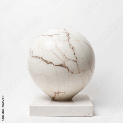 Elegant White Marble Sphere Sculpture on a Square Base.