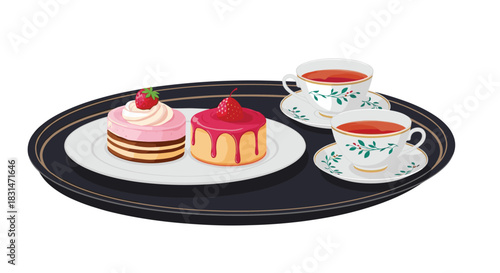 A round black tray holding two delicate cakes and two cups of tea with saucers.