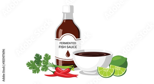 Bottle of fermented fish sauce with a bowl of sauce and fresh ingredients like limes, chilies, and cilantro.