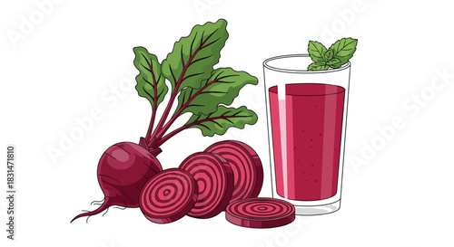 Fresh beet juice in a glass with whole and sliced beets and mint leaves.