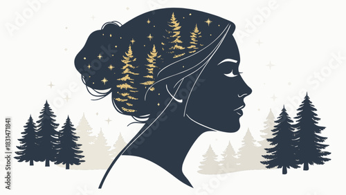 Silhouette woman portrait with forest trees and stars inside hair vector illustration art design