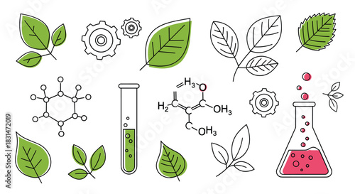 Illustration of leaves, gears, and chemistry icons representing science and nature.
