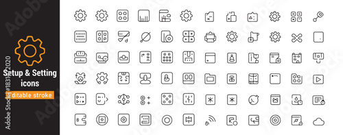 Setup and setting line icons collection, editable stroke, gear, configuration, options, control panel, system settings