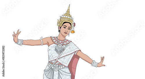 A graceful woman in traditional Thai dance costume with elaborate headdress and jewelry performs a pose.
