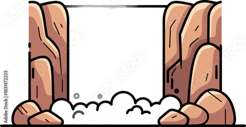 Cartoon Waterfall Between Rocky Cliffs with White Space.