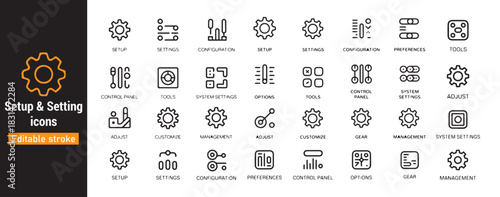 Setup and setting line icons collection, editable stroke, gear, settings, configuration, preferences, tools, adjust