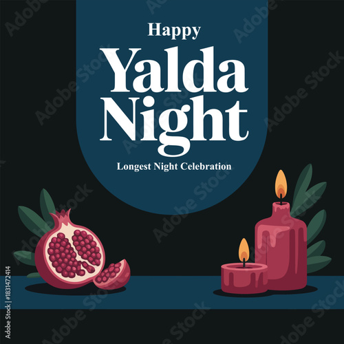 Yalda Night Celebration: A visual celebration of the longest night, featuring a pomegranate, candles, and a heartfelt message of Happy Yalda Night inviting viewers to a festive gathering. 