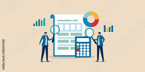 Business analytics and financial review with magnifying glasses