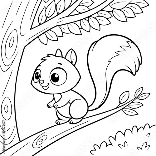A charming outline illustration of a friendly squirrel perched on a tree branch, perfect for coloring books, children's activities, and engaging educational content.