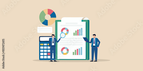 Business analysts reviewing financial reports and data with charts and calculator