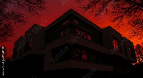Dramatic low-angle shot of a modern mansion with sharp, angular lines. The sky is a deep, angry red, with silhouettes of bare