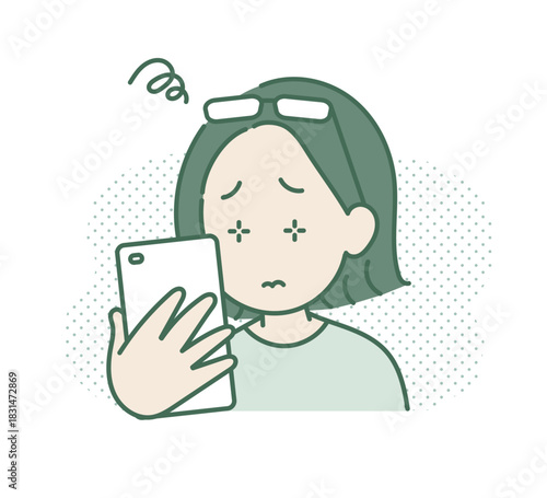 老眼でスマートフォンの画面が見づらい40代女性のイラスト