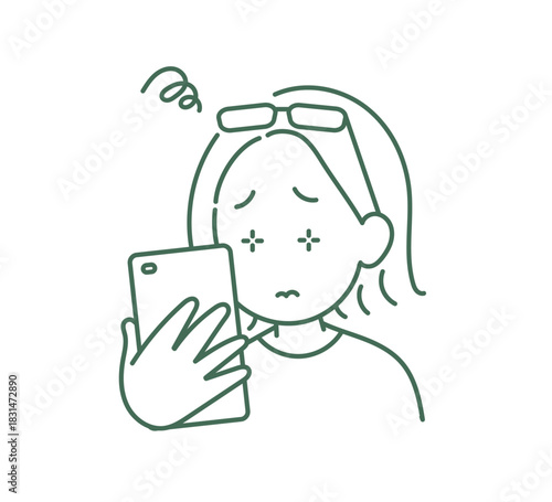 老眼でスマートフォンの画面が見づらい40代女性のイラスト　線画のみ