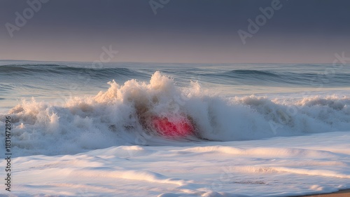 Fototapeta Naklejka Na Ścianę i Meble -  Experience the power of the ocean with this dramatic wave crashing on a serene beach at sunrise