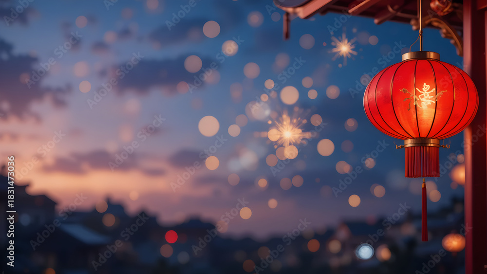 Obraz premium Glowing red Chinese lantern hangs at twilight with festive bokeh and sparklers evoking warmth, tradition, and celebration.