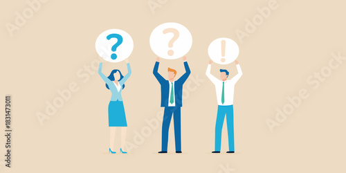 Business people holding question and exclamation marks