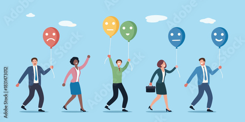 Diverse business people holding balloons with different emotions