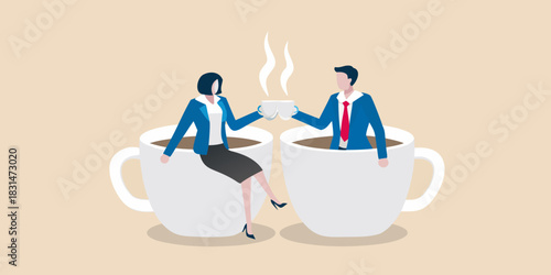 Business colleagues enjoying coffee together in giant cups