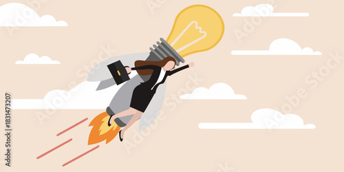 Woman flying with lightbulb rocket and briefcase