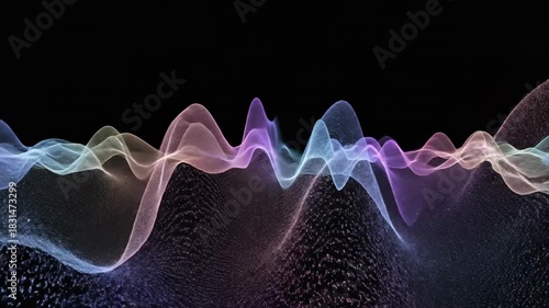 Seamless looping animation showing iridescent electromagnetic waves dispersing and spreading across a deep black background physics, dynamic, digital