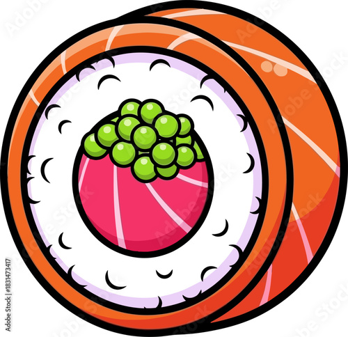 Delicious Salmon Sushi Roll with Tuna and Roe.