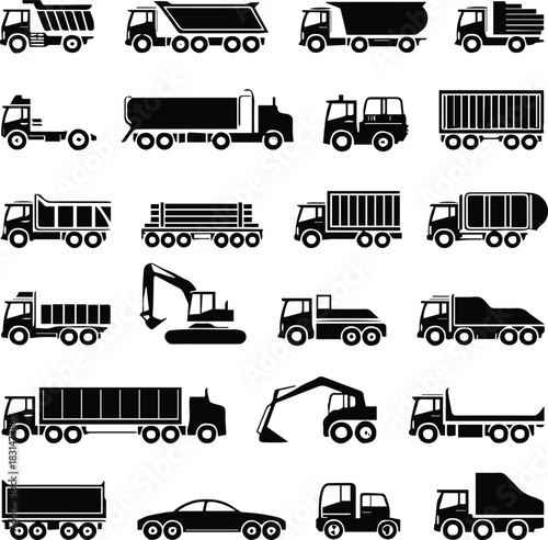 truck flatbed dump mixer excavator crane and utility icons set