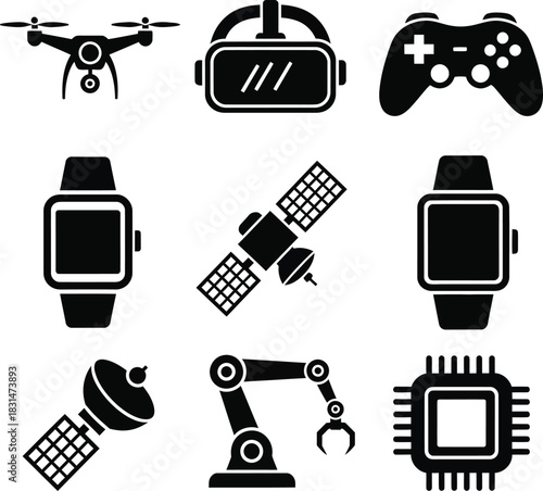 Black and white icons of modern technology, including drone, vr headset, gamepad, smartwatch, satellite, robot arm, and cpu