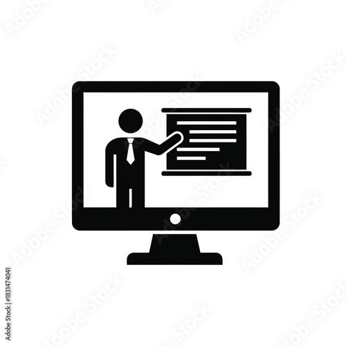 Business presentation on computer screen, instructor pointing to chart, icon symbol representing online meeting, webinar, or conference call for corporate training.