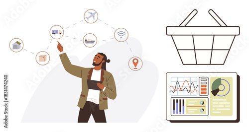 Man interacting with connected objects, business data charts, and ecommerce basket. Ideal for ecommerce, technology, analytics, internet of things, market strategy, innovation simple flat metaphor