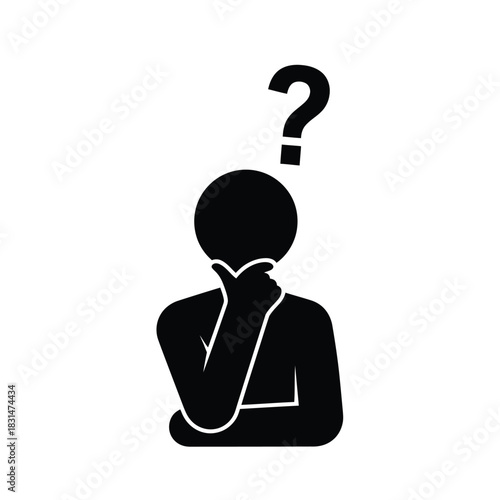 A black silhouette of a person with a question mark above their head, contemplating a difficult problem with a pensive expression.
