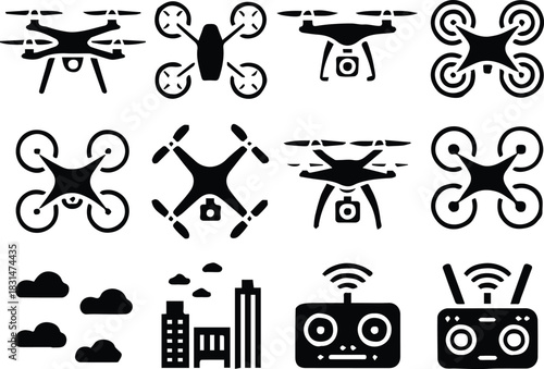 drone icon collection vector silhouettes remote controller cloud