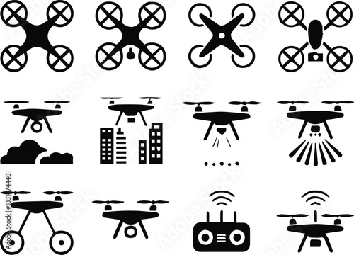 drone icons grid black silhouettes quadcopter camera controller
