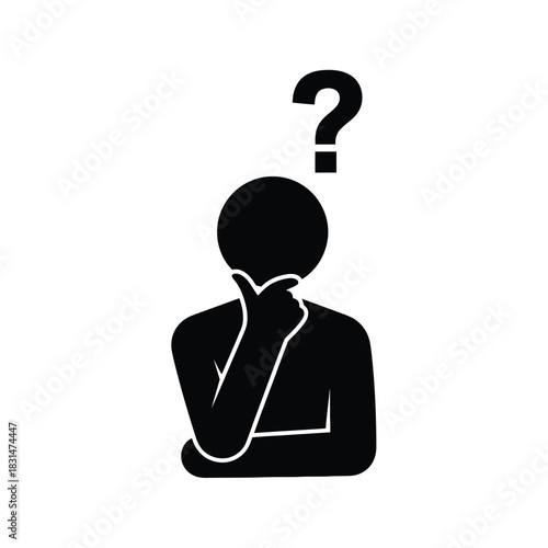 Iconic silhouette of a person in deep thought, chin resting on hand, with a large question mark above head, symbolizing doubt and inquiry