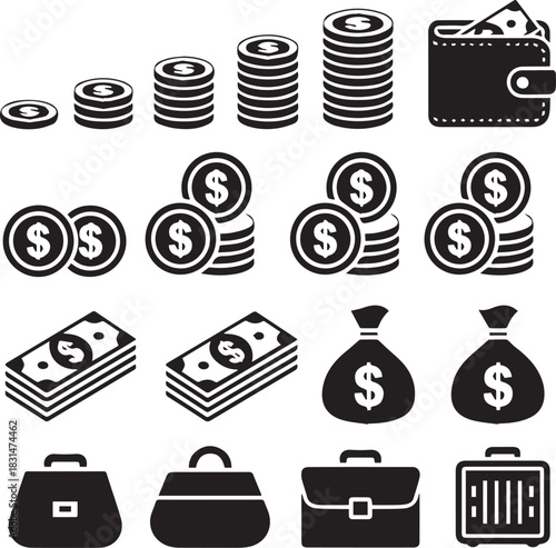 money flat icons set currency cash bag briefcase suitcase vector