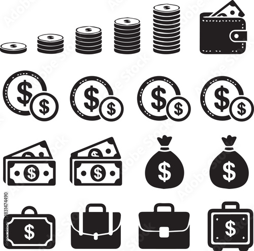 money symbol collection coin wallet piggy bank business icons