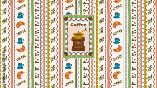 Coffee. A coffee-themed seamless pattern with hand-drawn cups, croissants, coffee beans, and a grinder. A modern retro-style illustration perfect for a kitchen or cafe, art poster, or background.