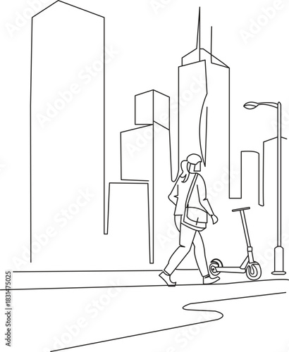  Female scooter rider in a city line art vector.