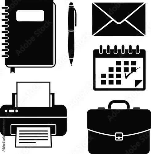 Office essentials notebook, pen, envelope, calendar, printer, and briefcase for organized productivity