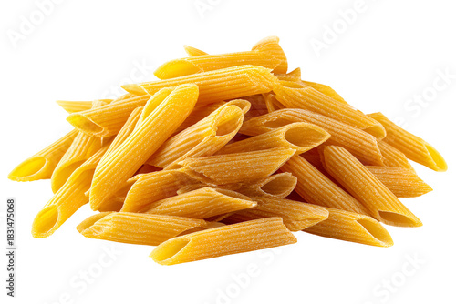 A pile of uncooked whole wheat penne pasta against a stark black background