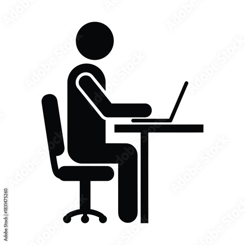 Person sitting at desk using laptop computer, representing office work, online learning, and remote employment, simple icon.