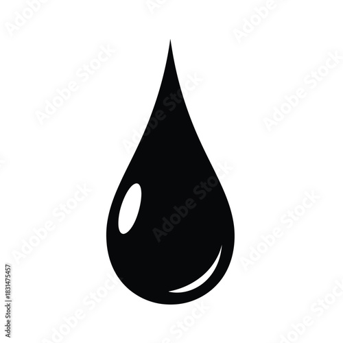 Isolated black oil drop illustration with reflection on white background, representing liquid, fluid, or energy resource for abstract or conceptual use.