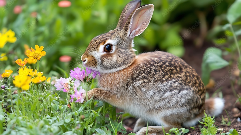 Fototapeta premium Cute wild brown bunny in the spring grass eating in a nature field