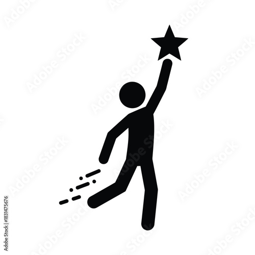 Isolated stick figure reaching for star, symbolizing achievement, success, aspiration, goal, victory, and reaching for the impossible.