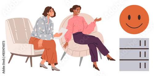 Two women engaged in conversation on chairs, one with notes in hand, beside a smiling face and stacked organizational elements. Ideal for communication, teamwork, collaboration, consultation