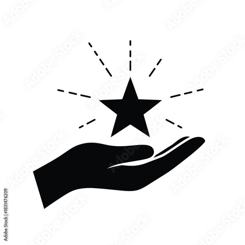 Isolated black icon of a hand holding a shining star with radiating lines, symbolizing achievement, success, and recognition, perfect for awards