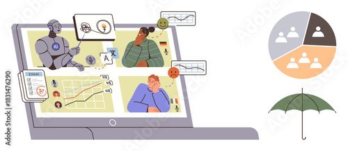 Robot and humans collaborate over a data-rich dashboard, featuring graphs, pie charts, and emotion icons. Ideal for AI innovation, teamwork, emotions, technology, education data analysis