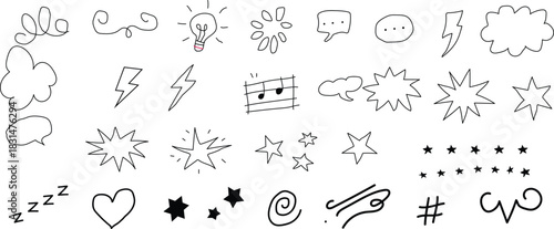 Hand drawn doodle set of various cartoon elements and abstract graphic symbols